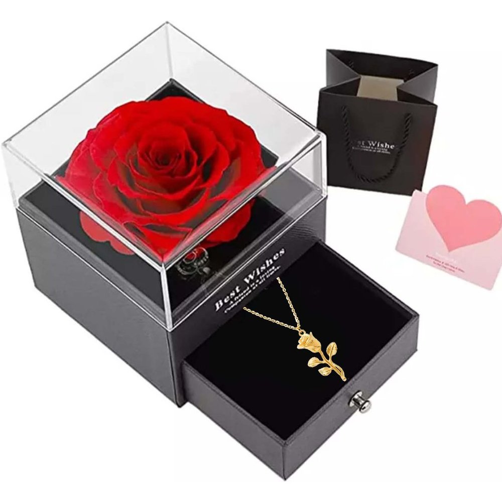 Preserved Rose In a Acrylic Box with Gold Plated Rose Flower Pendent Necklace